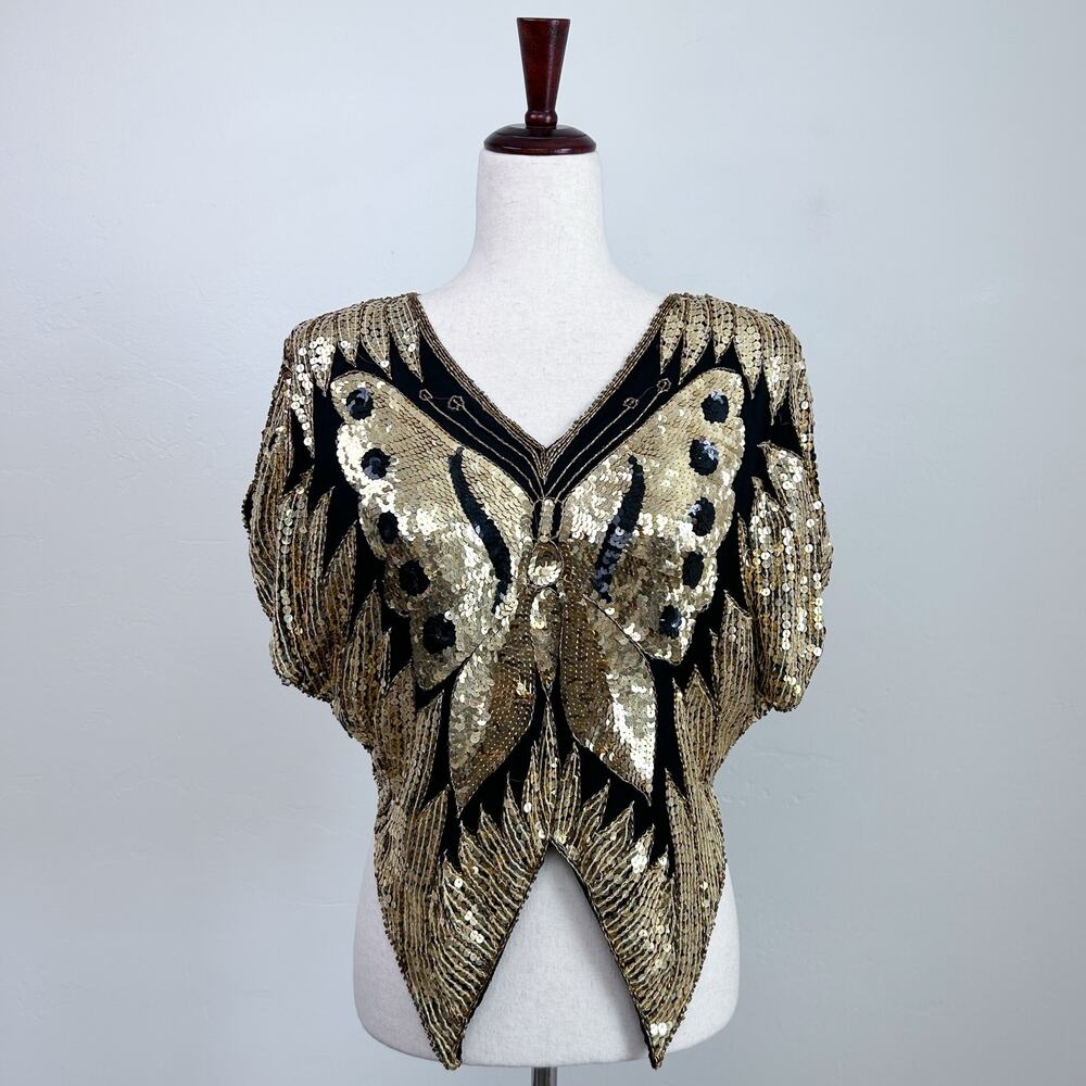 Vintage Butterfly Gold Sequin Glam Sparkly Festival Silk 70s Retro Top SM/MED